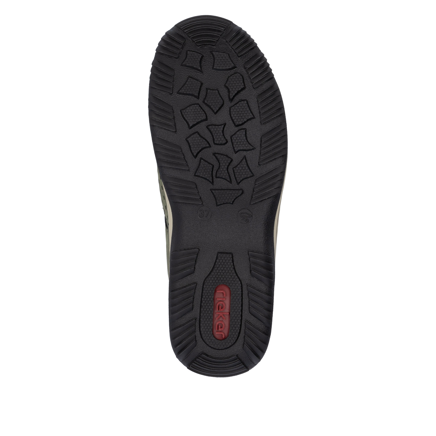 Grüne Rieker Damen Slipper L0574-54 mit einem Gummizug. Schuh Laufsohle.