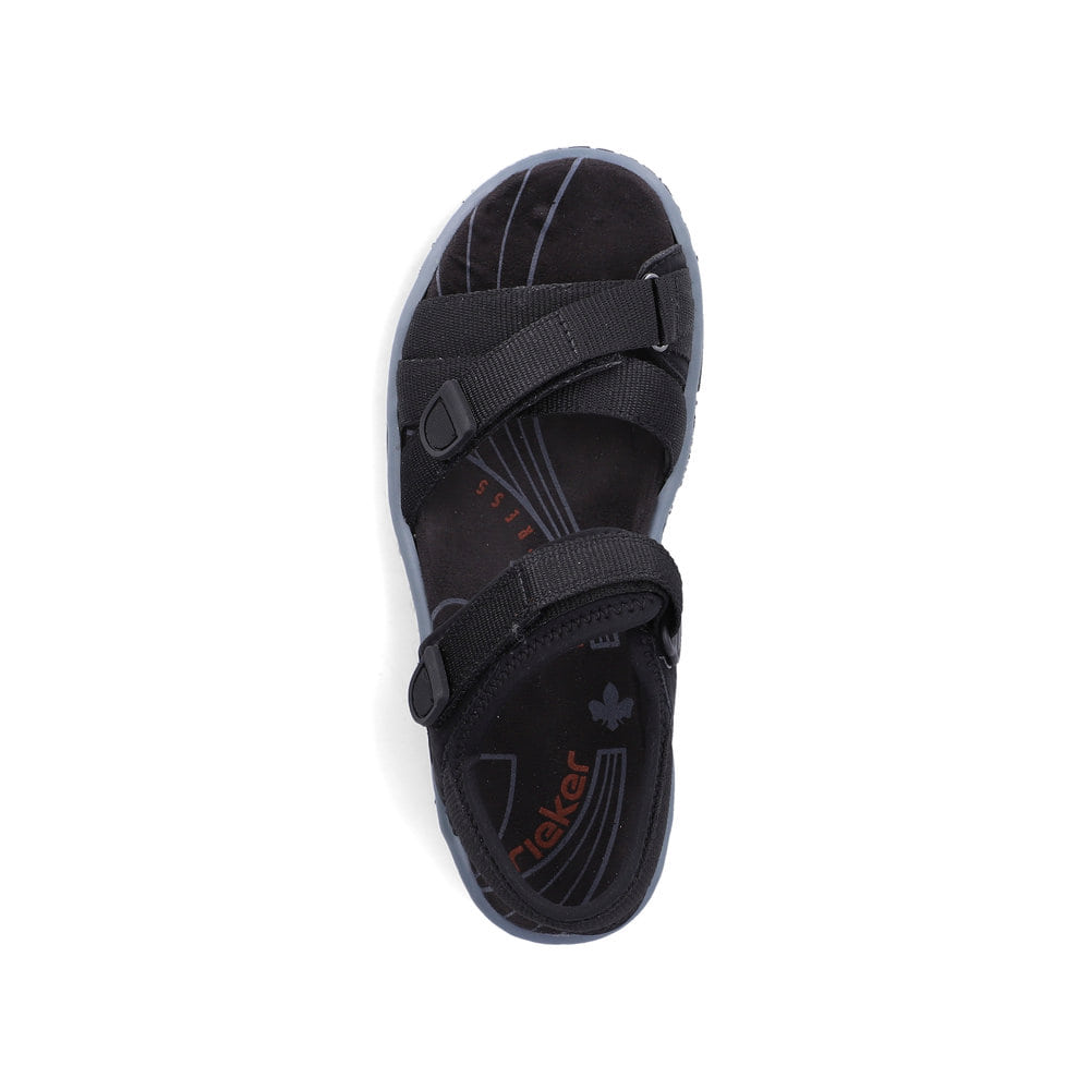 Schwarze Rieker Damen Trekkingsandalen 68852-00 mit einem Klettverschluss. Schuh von oben.