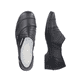 Schwarze Rieker Damen Slipper 48260-01 mit modernen Ziernähten sowie Gummizug. Schuh von oben, liegend.