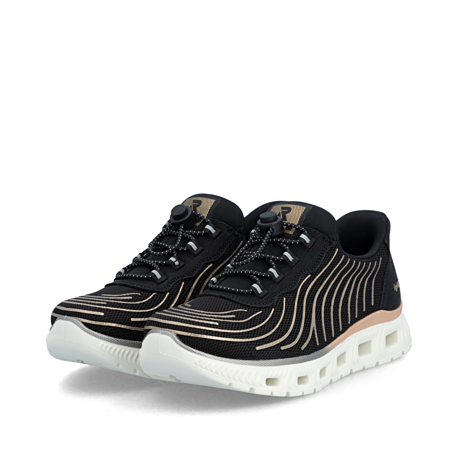 Vegane, schwarze Rieker Damen Slipper M6082-00 mit Ready2GO Anziehkomfort. Schuhpaar seitlich schräg.