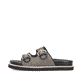 Schwarze Rieker Damen Pantoletten V9584-00 mit Schnallen sowie leichter Sohle. Schuh Außenseite.