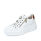 Schneeweiße Rieker Damen Sneaker Low N5452-80 mit einem Reißverschluss. Schuh seitlich schräg.