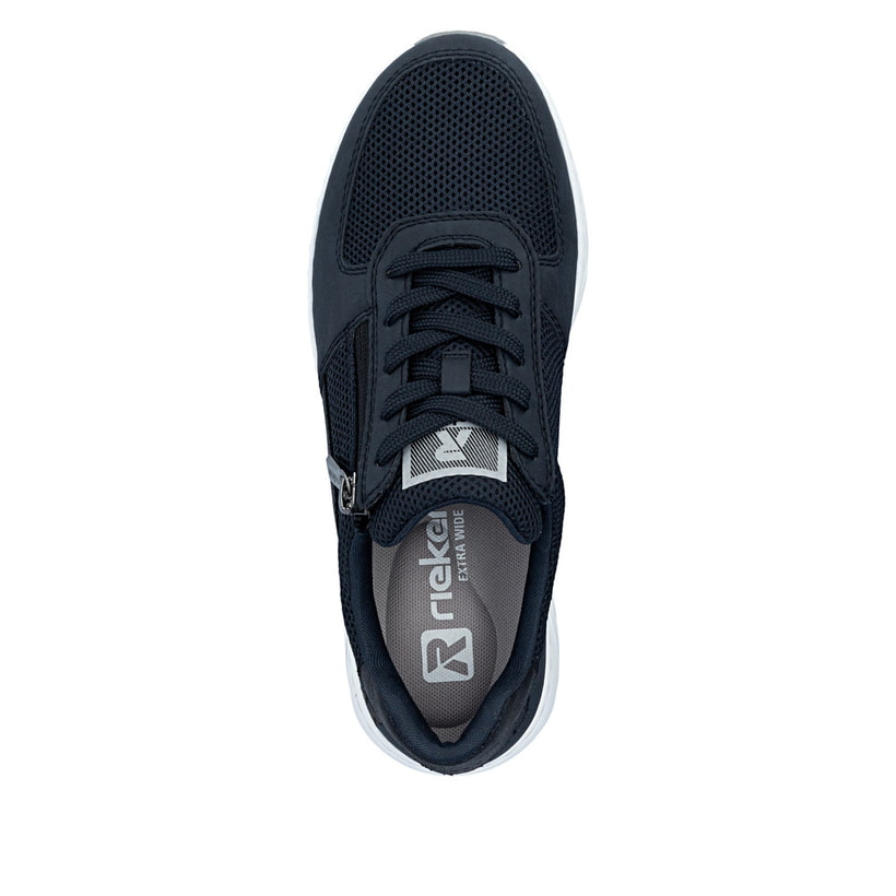 Blaue Rieker Damen Sneaker Low 53101-14 mit Reißverschluss sowie Extraweite H. Schuh von oben.