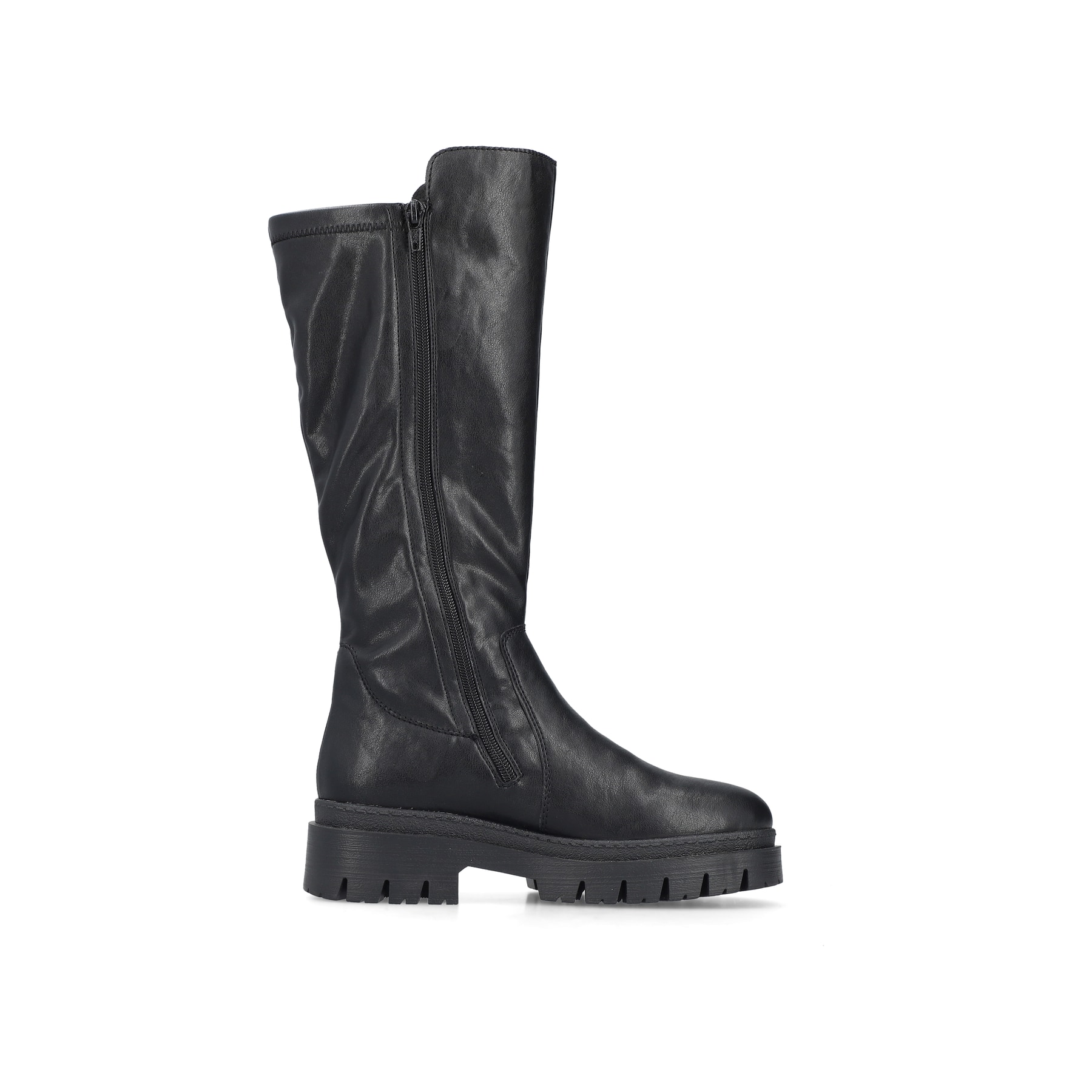 Schwarze Rieker Damen Hochschaftstiefel Z9490-00 mit einem Reißverschluss. Schuh von hinten.