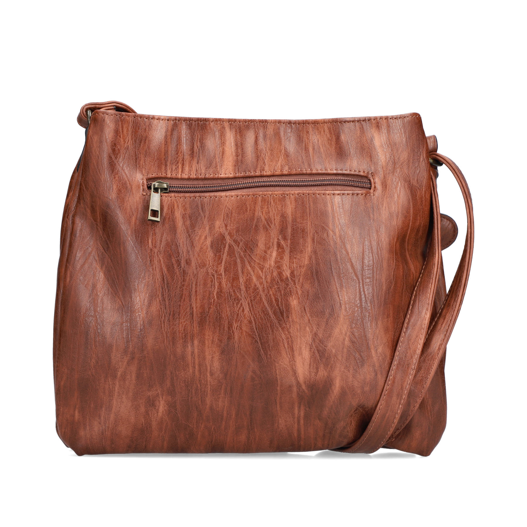 Sac bandoulière Rieker H1005-22 en marron avec fermeture éclair et pendentif en forme de cœur. Côté gauche.