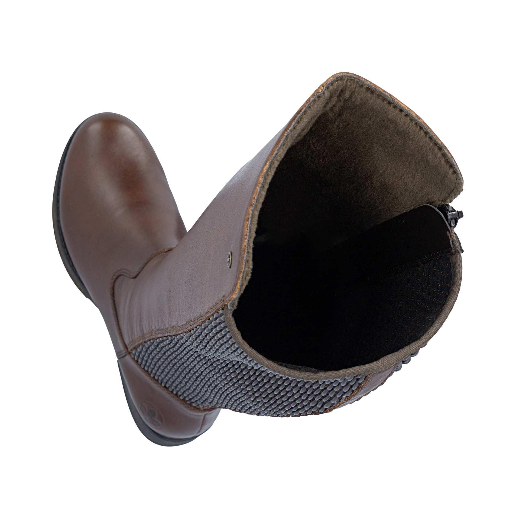 Dunkelbraune Rieker Damen Hochschaftstiefel Z9591-29 aus Glattleder. Schuh von oben, liegend.