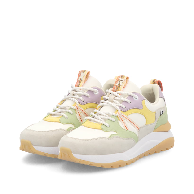 Weiße Rieker Damen Sneaker Low W2501-81 mit einer Schnürung. Schuhpaar seitlich schräg.