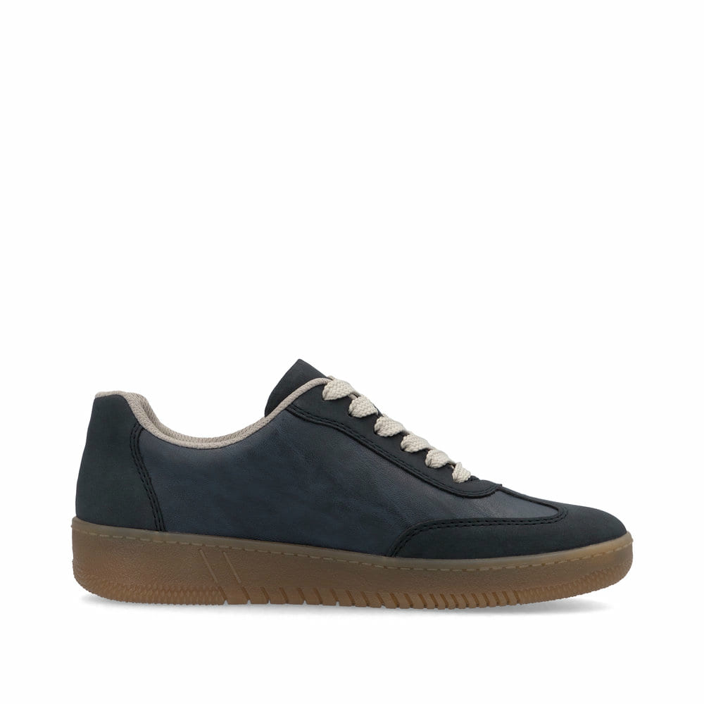 Baskets basses Rieker bleues vegan pour femme M5512-15 avec lacets. Côté intérieur de la chaussure.