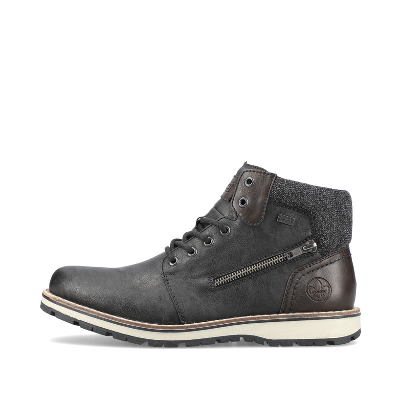 
Asphaltschwarze Rieker Herren Schnürstiefel 38441-01 mit einer robusten Profilsohle. Schuh Außenseite