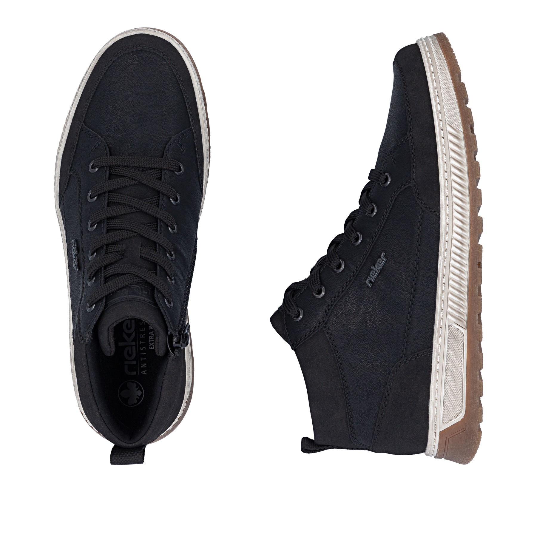 Schwarze Rieker Herren Sneaker High 37006-00 mit einem Reißverschluss. Schuh von oben, liegend.