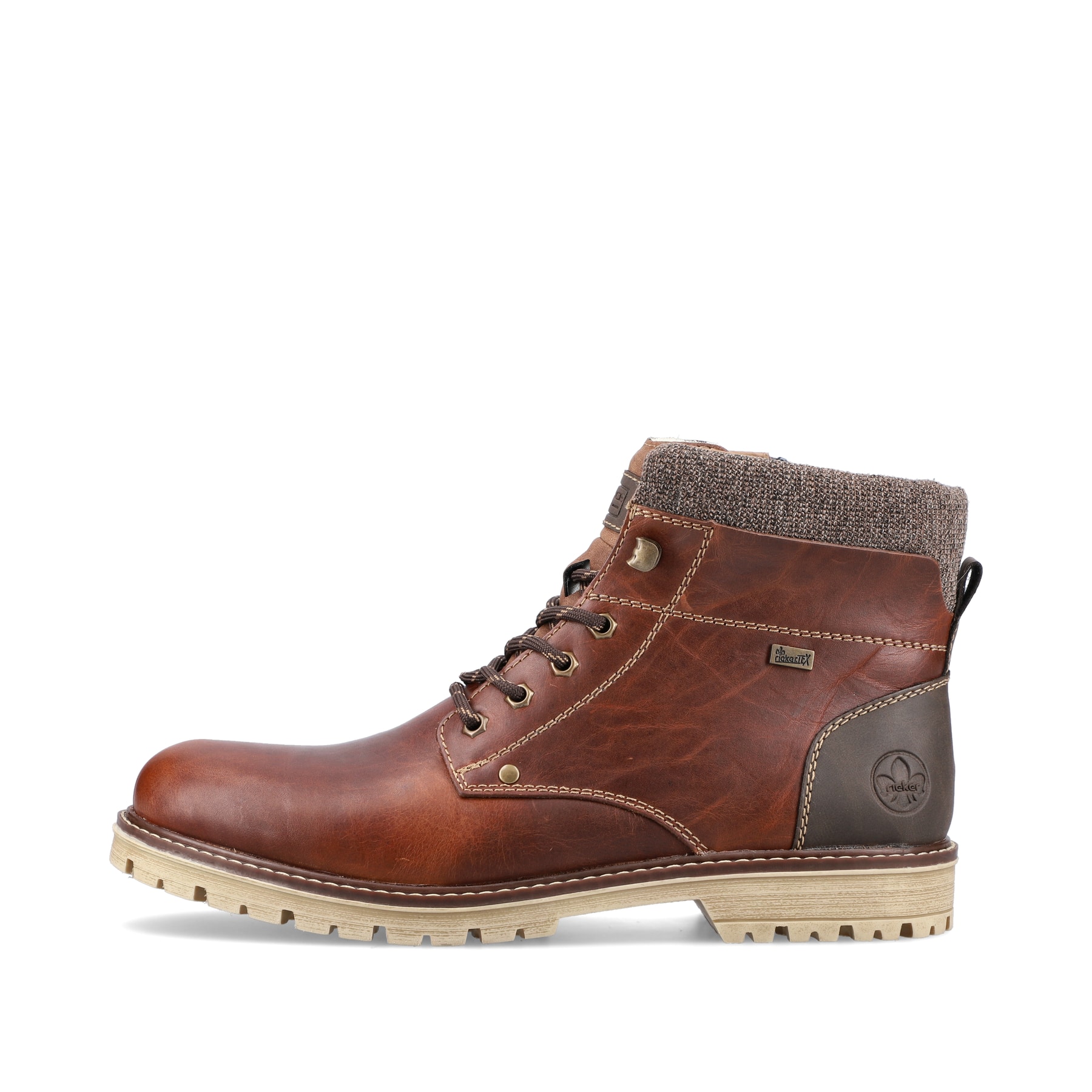Kastanienbraune Rieker Herren Schnürstiefel F3641-23 mit einer robusten Profilsohle. Schuh Außenseite