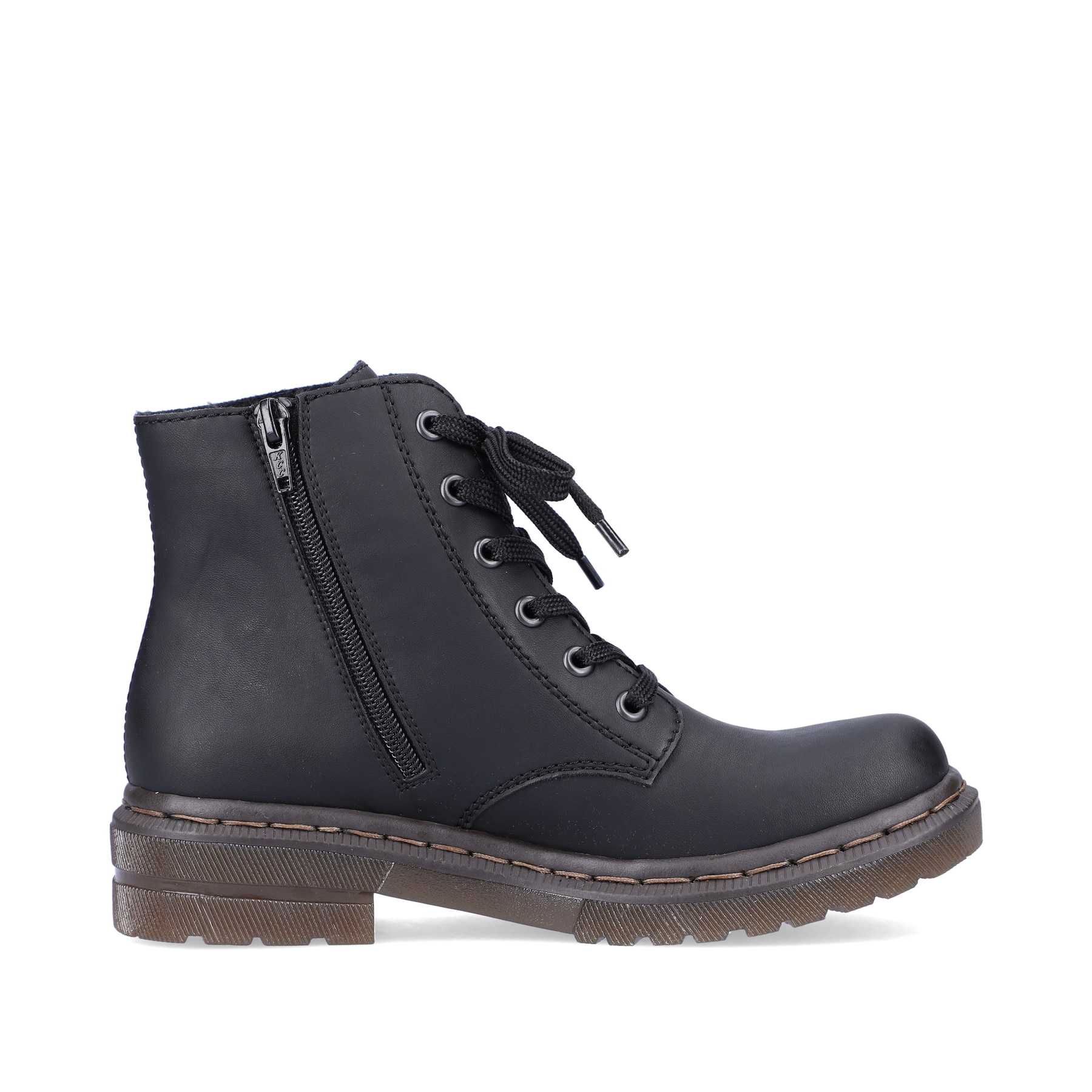 Tiefschwarze Rieker Damen Schnürstiefel 78240-00 mit Schnürung und Reißverschluss. Schuh von hinten