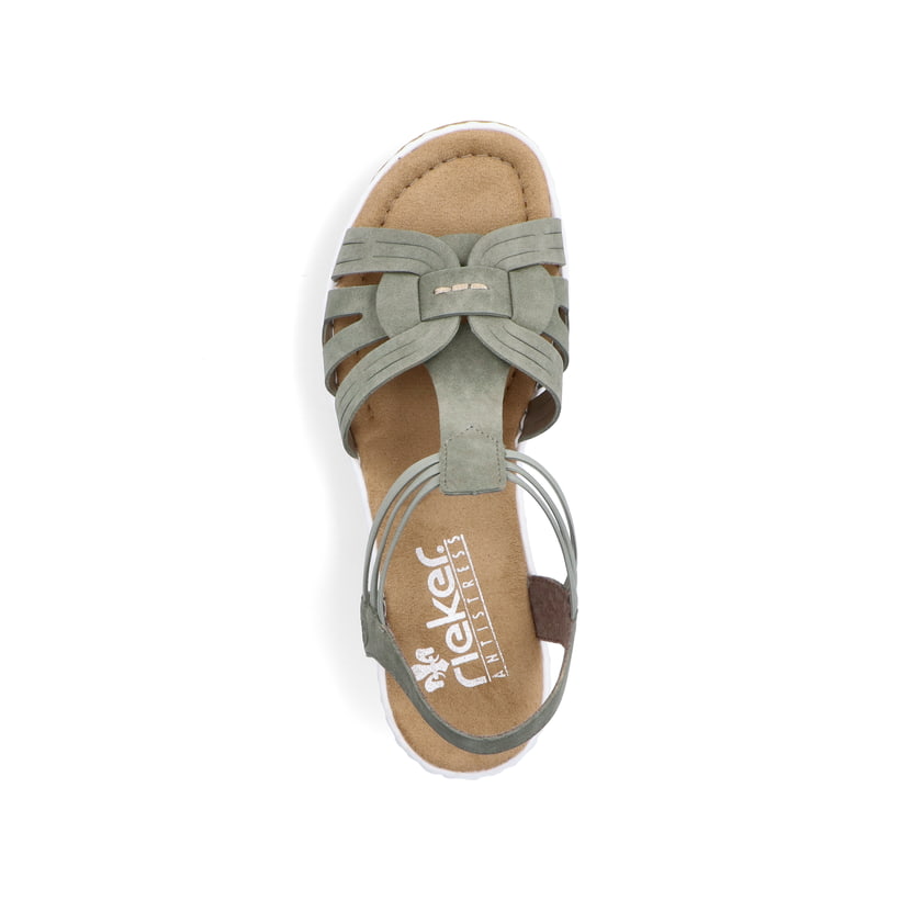 Grüne Rieker Keilsandaletten 67459-52 mit Gummizug sowie sehr leichter Sohle. Schuh von oben.