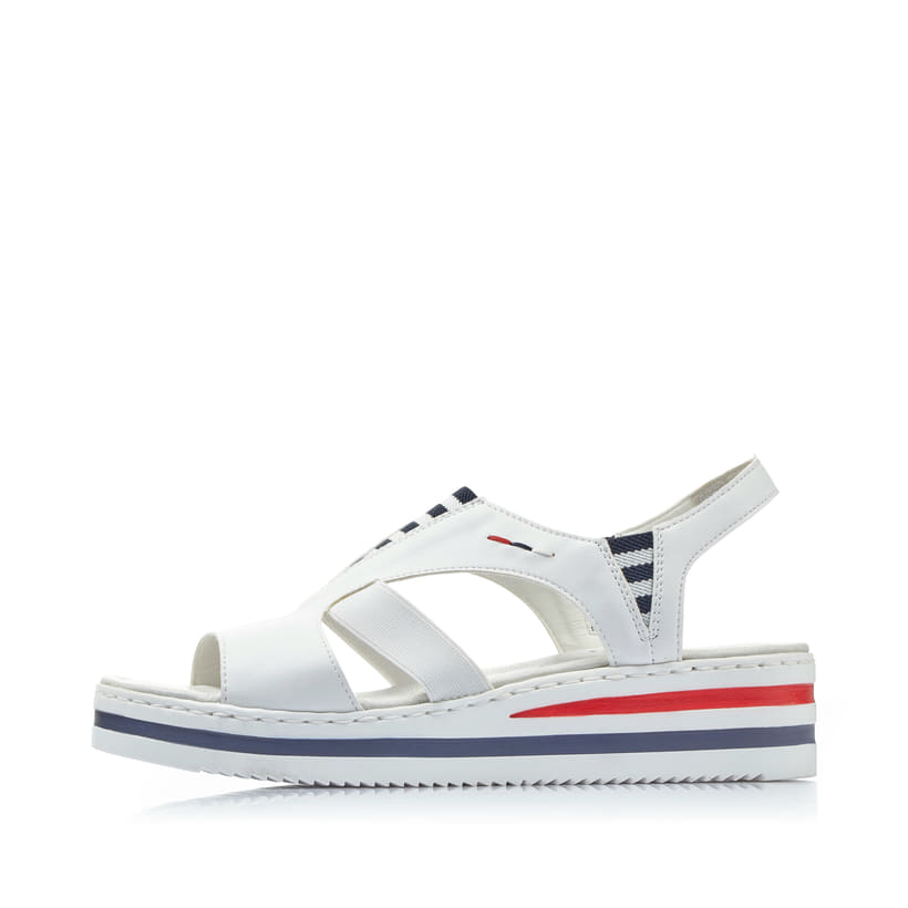 Weiße Rieker Keilsandaletten V02Y5-80 mit Gummizug sowie schmaler Passform E 1/2. Schuh Außenseite.