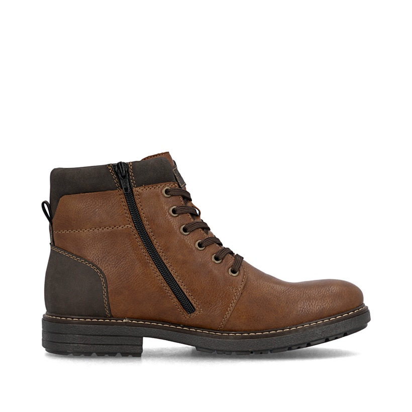 Karamellbraune Rieker Herren Schnürstiefel 33140-25 mit einer robusten Profilsohle. Schuh Innenseite