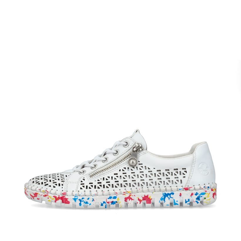 Weiße Rieker Damen Slipper M2357-80, Barfußschuhe mit einem Reißverschluss. Schuh Außenseite.