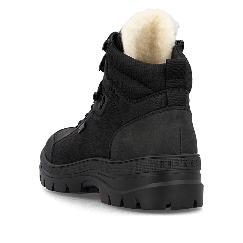Asphaltschwarze Rieker Herren Schnürstiefel F5410-00 mit Flip-Grip Sohle mit Spikes. Schuh von hinten