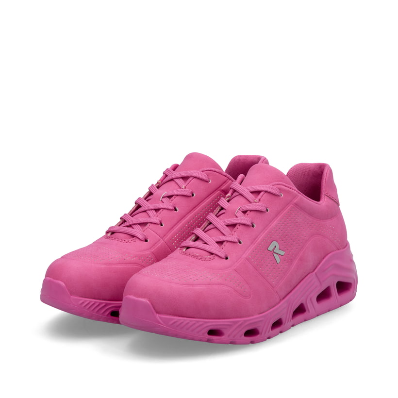 Rosane vegane Rieker Damen Sneaker Low N5202-31 mit einer Schnürung. Schuhpaar seitlich schräg.
