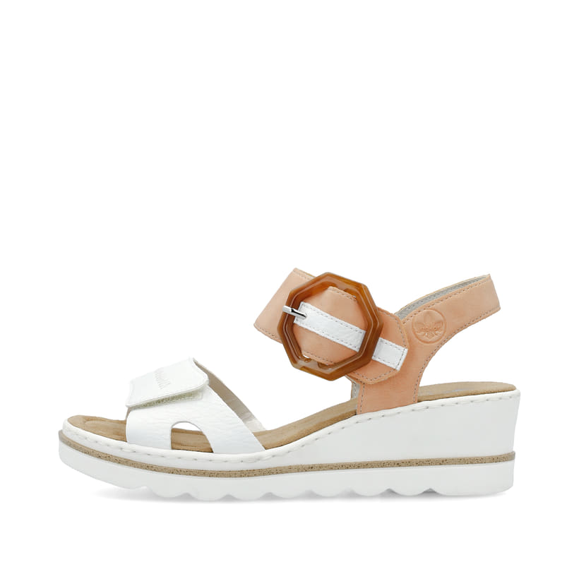 Weiße Rieker Keilsandaletten 67476-38 mit trendigen Schnalle. Schuh Außenseite.