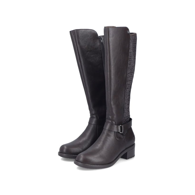 Dunkelbraune Rieker Damen Hochschaftstiefel 75490-25 mit einem Reißverschluss. Schuhpaar seitlich schräg.