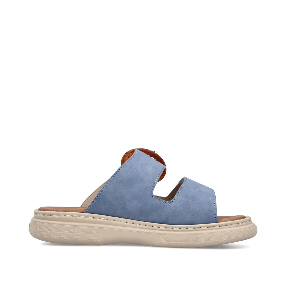 Mules Rieker bleues pour femme V3050-14 avec boucle tendance. Côté intérieur de la chaussure.