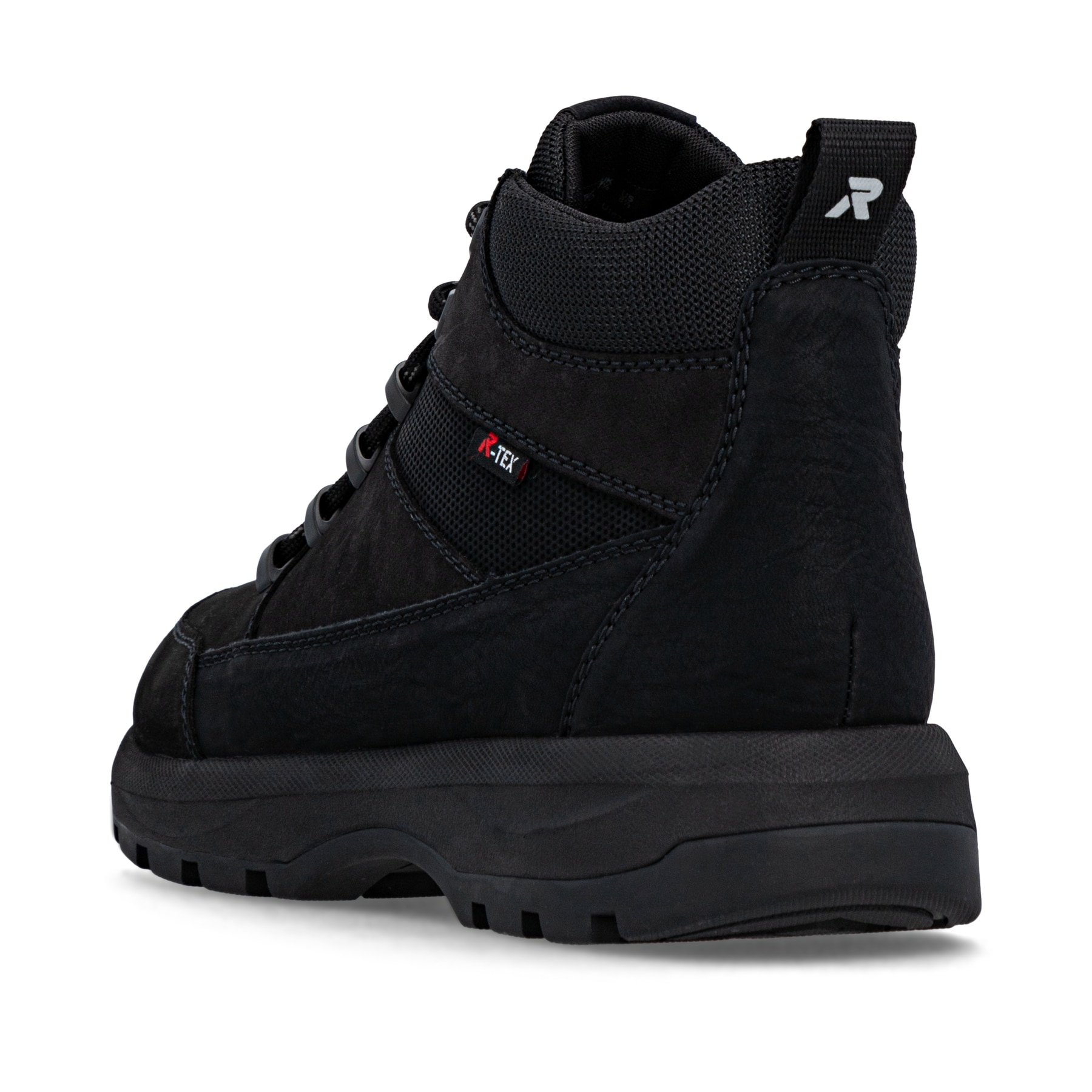 Schwarze Rieker Herren Schnürstiefel U1671-00 aus Rauleder. Schuh von hinten.