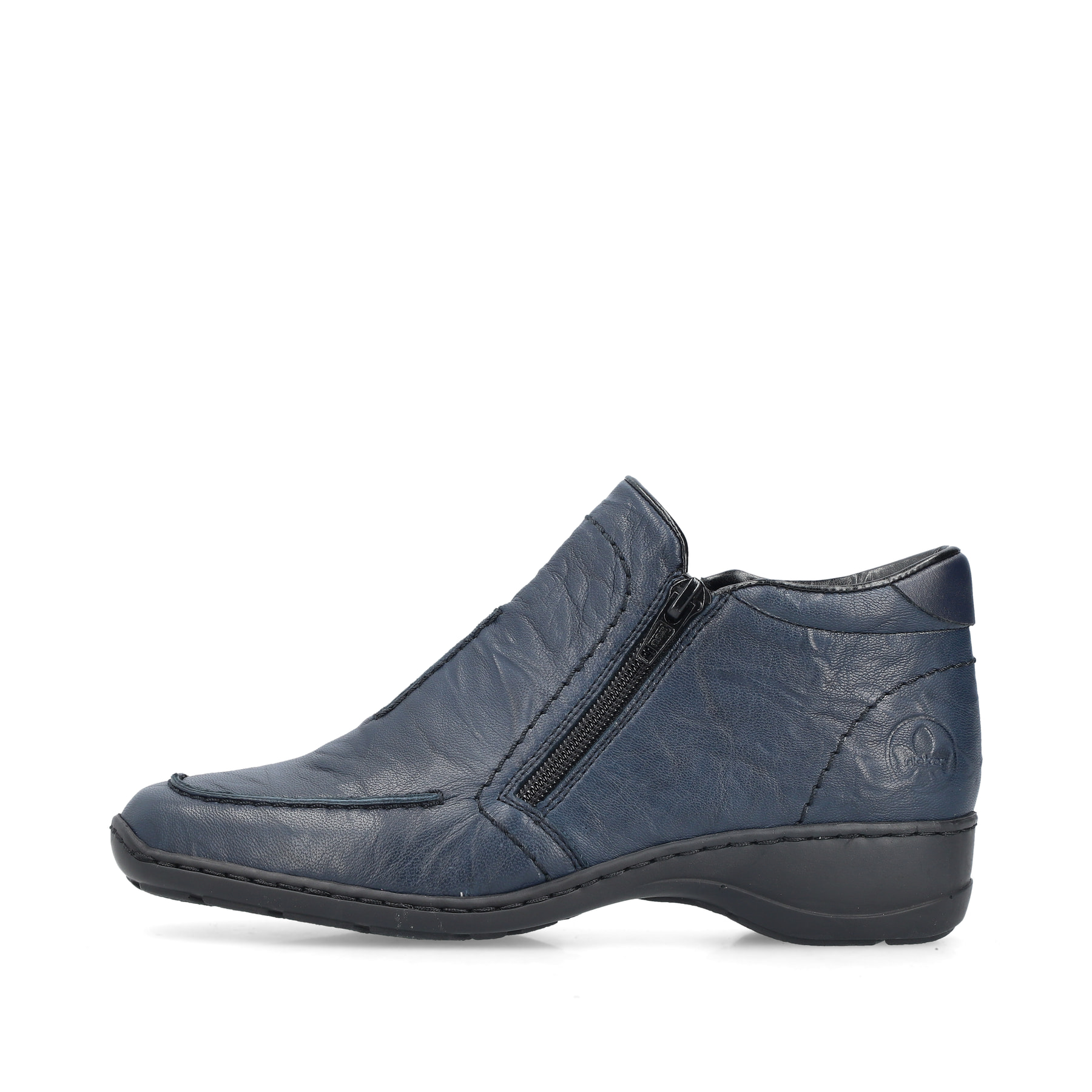 Blaue Rieker Damen Kurzstiefel 58386-14 aus Glattleder mit einem Reißverschluss. Schuh Außenseite.