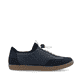 Blaue Rieker Damen Slipper L9750-14 mit Gummizug sowie gepolsterter Einlegesohle. Schuh Innenseite.