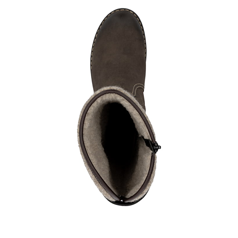 Dunkelbraune Rieker Damen Hochschaftstiefel Y9190-25 mit Filz-Kragen. Schuh von oben.