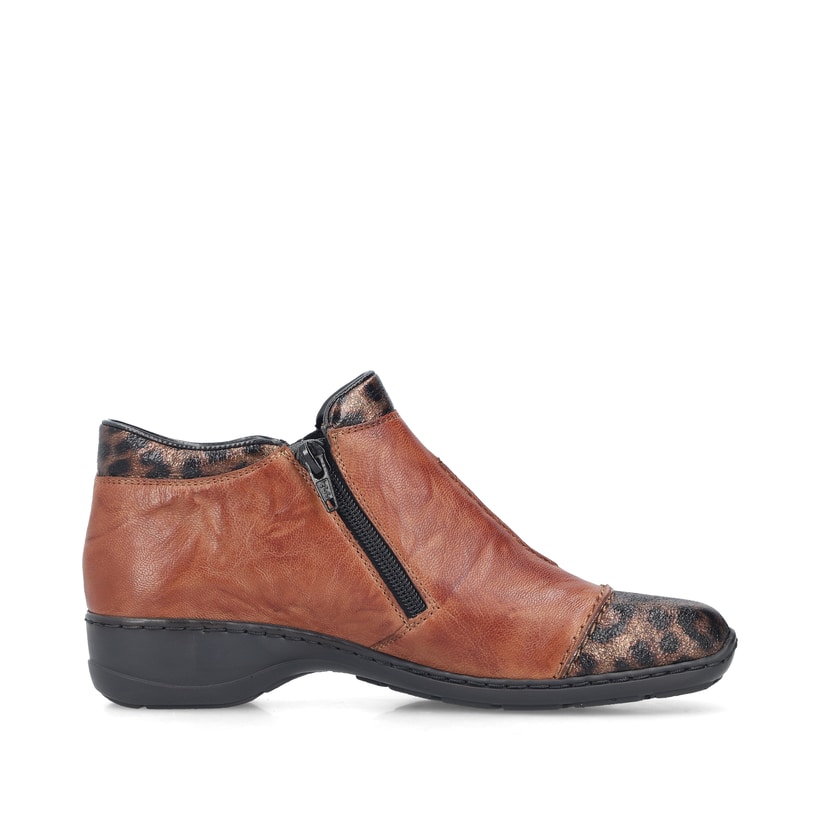 Braune Rieker Damen Kurzstiefel 58388-23 aus Glattleder mit dekorativer Blume. Schuh Innenseite.