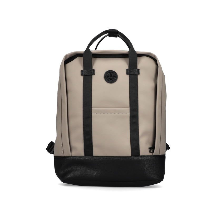Rieker Damen Rucksack H1530-62 in Sandbeige-Schwarz aus Kunstleder mit Reißverschluss. Rucksack Vorderseite.