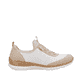 Cremeweiße Rieker Damen Slipper N4253-80 mit Gummischnürung sowie Korkoptik. Schuh Innenseite.