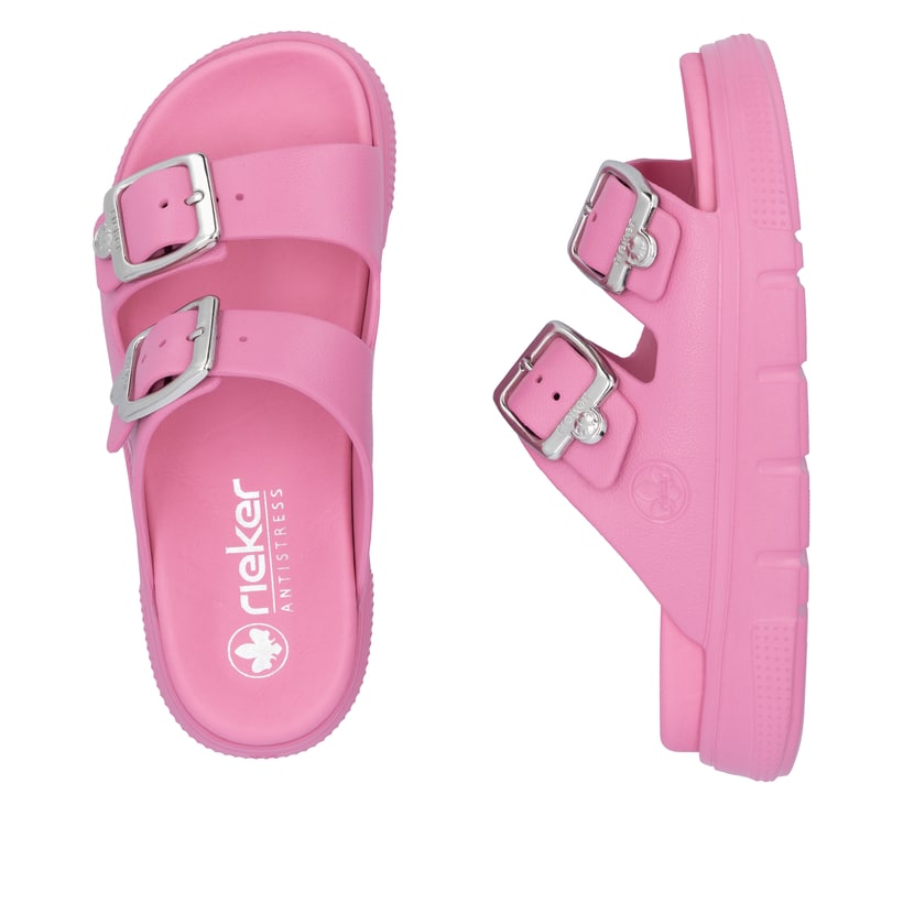 Rosane Rieker Damen Pantoletten P2180-34 mit Schnallen sowie ultraleichter Sohle. Schuh von oben, liegend.