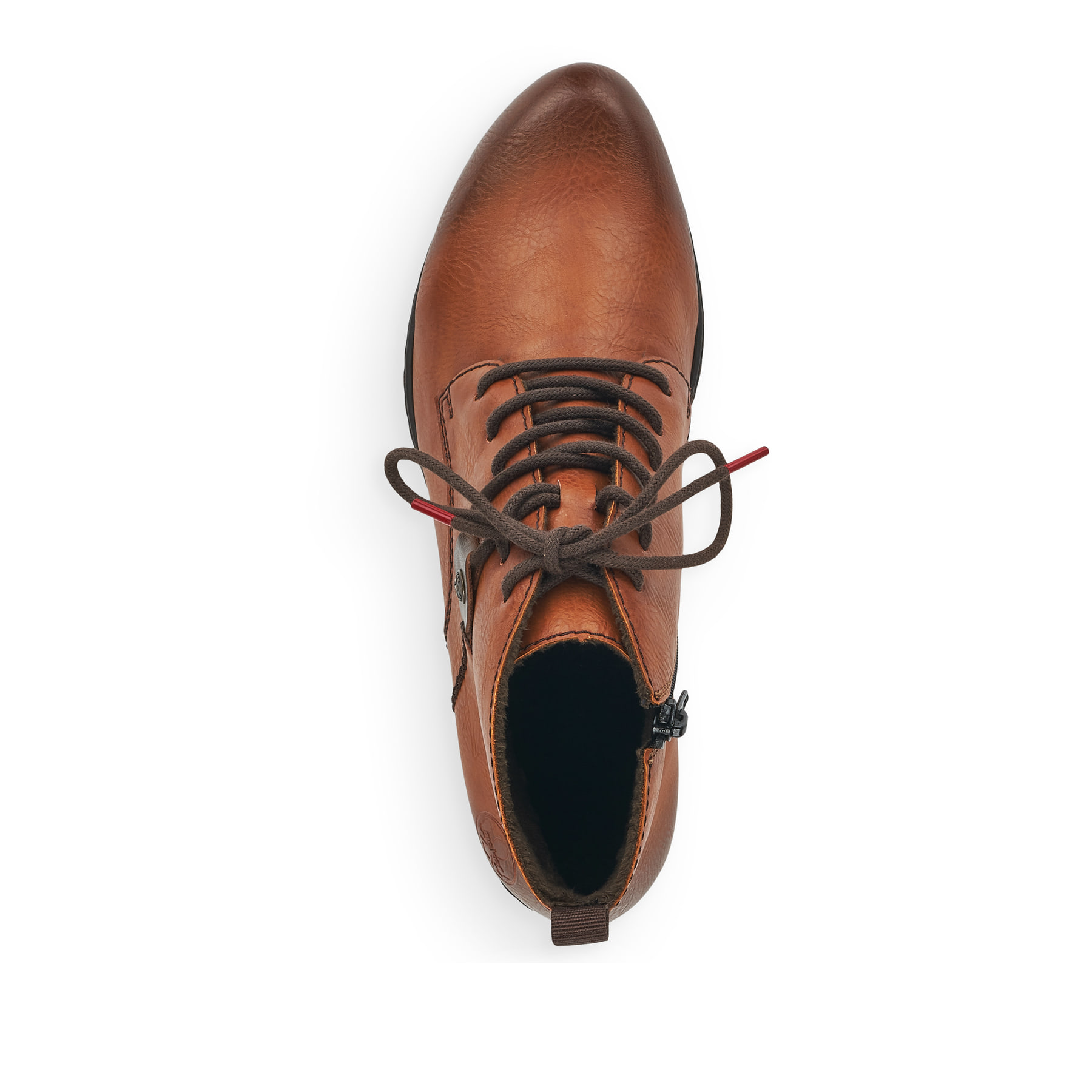 Karamellbraune Rieker Damen Stiefeletten Y0742-24 mit Schnürung und Reißverschluss. Schuh von oben