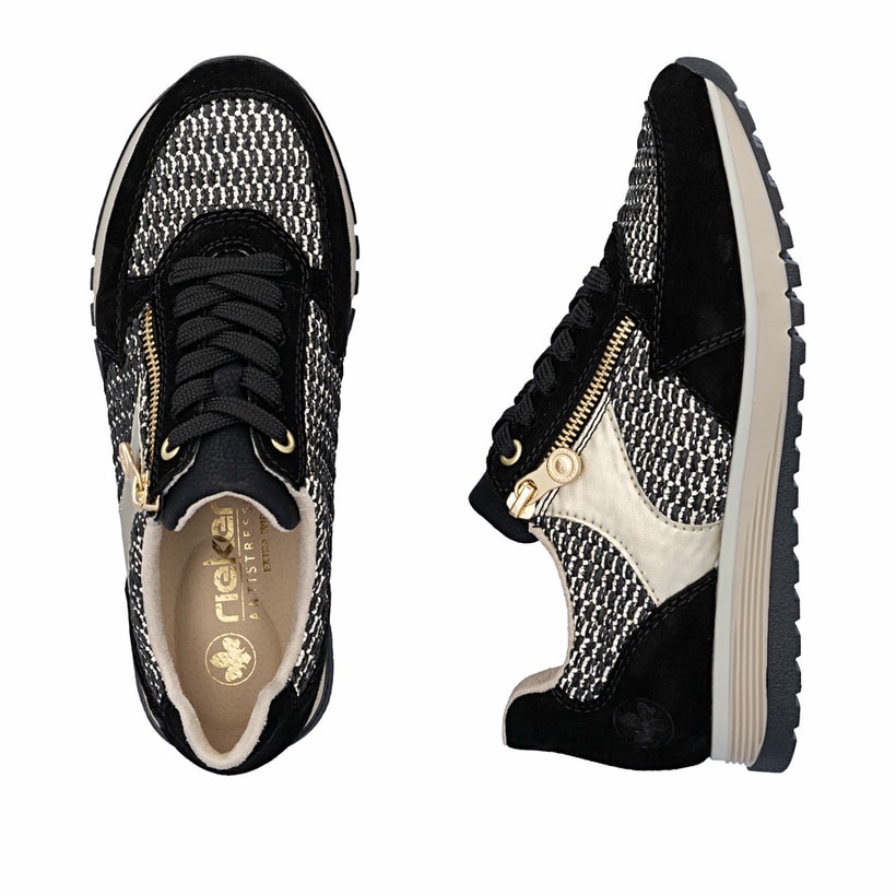 Baskets basses Rieker noires pour femme 49010-01 avec fermeture éclair. Chaussure vue de dessus, couchée.