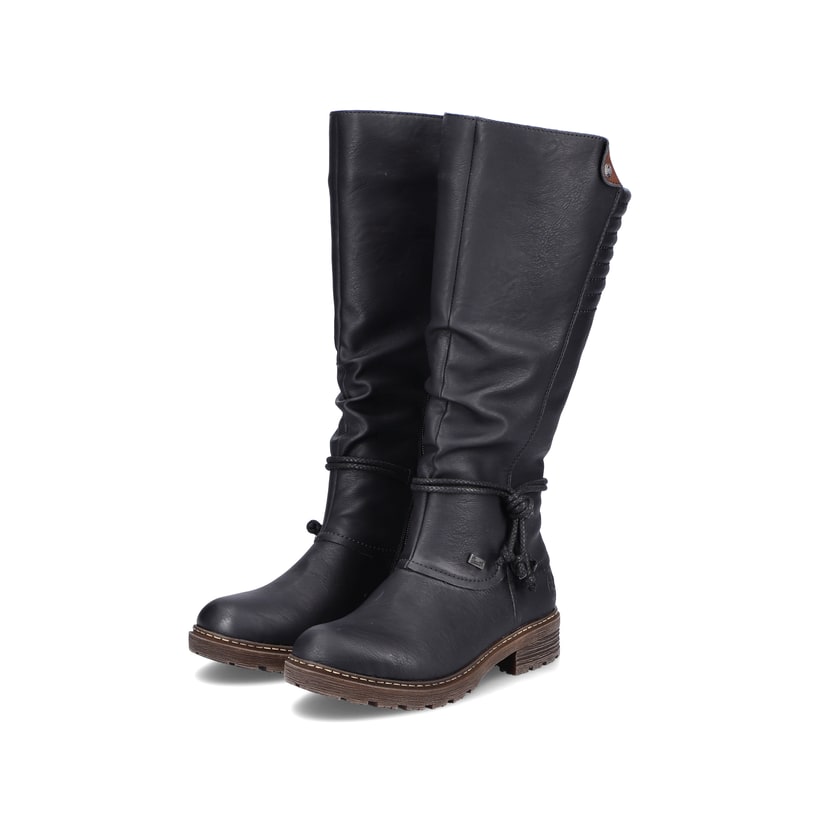 Tiefschwarze Rieker Damen Hochschaftstiefel Z4776-00 mit einem Reißverschluss. Schuhpaar seitlich schräg.