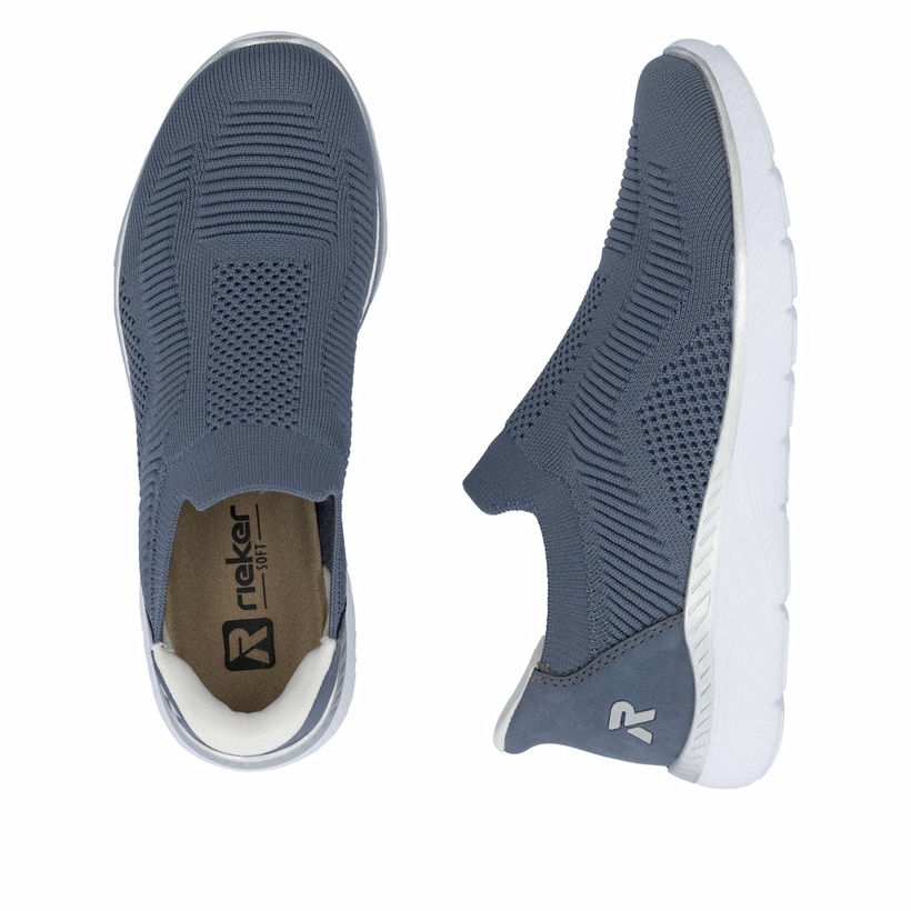 Chaussons Rieker bleus pour femme M5072-10 avec bande élastique. Chaussure vue de dessus, couchée.