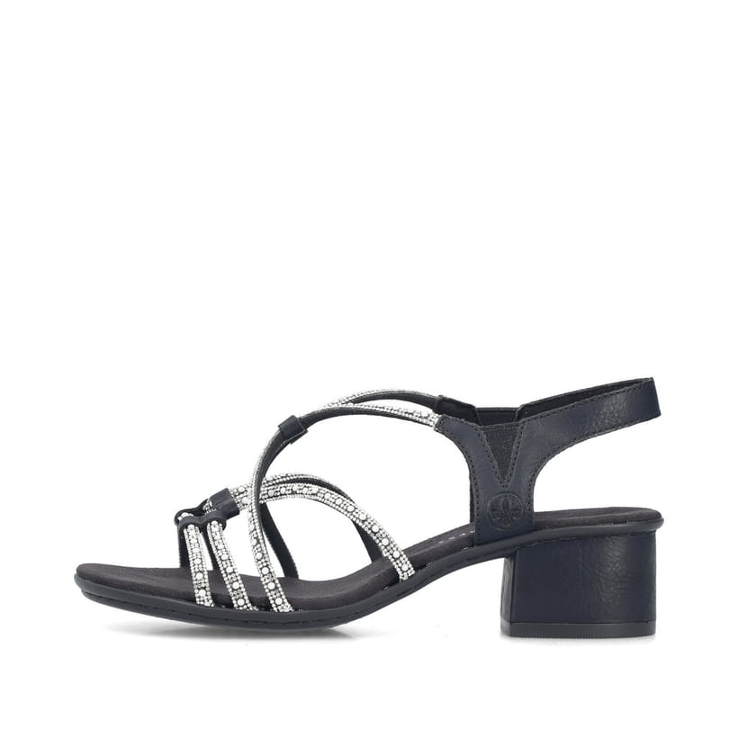 Schwarze vegane Rieker Riemchensandaletten 64970-00 mit Strasssteinen. Schuh Außenseite.