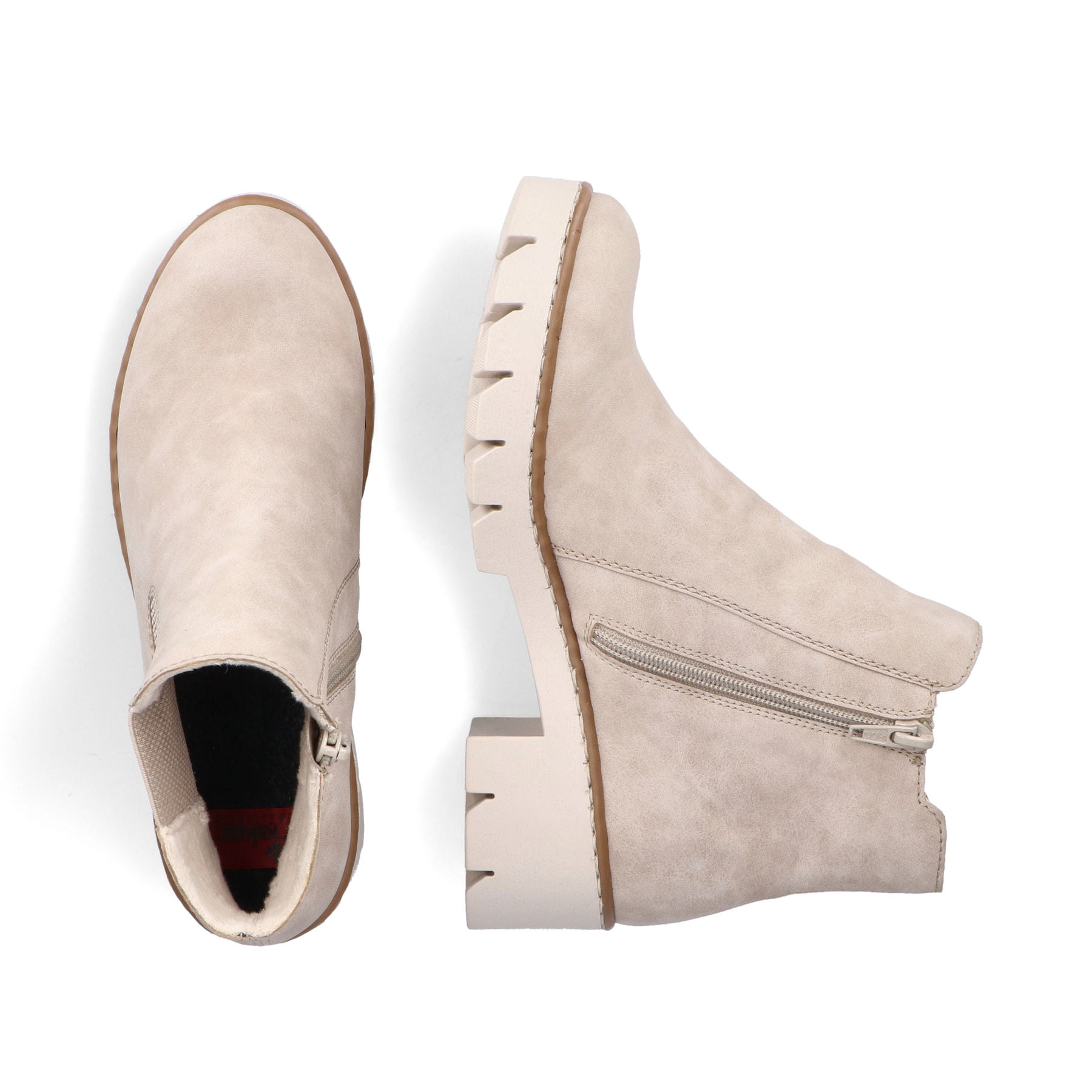 Hellbeige Rieker Damen Chelsea Boots X5772-60 mit einem Reißverschluss. Schuh von oben, liegend.