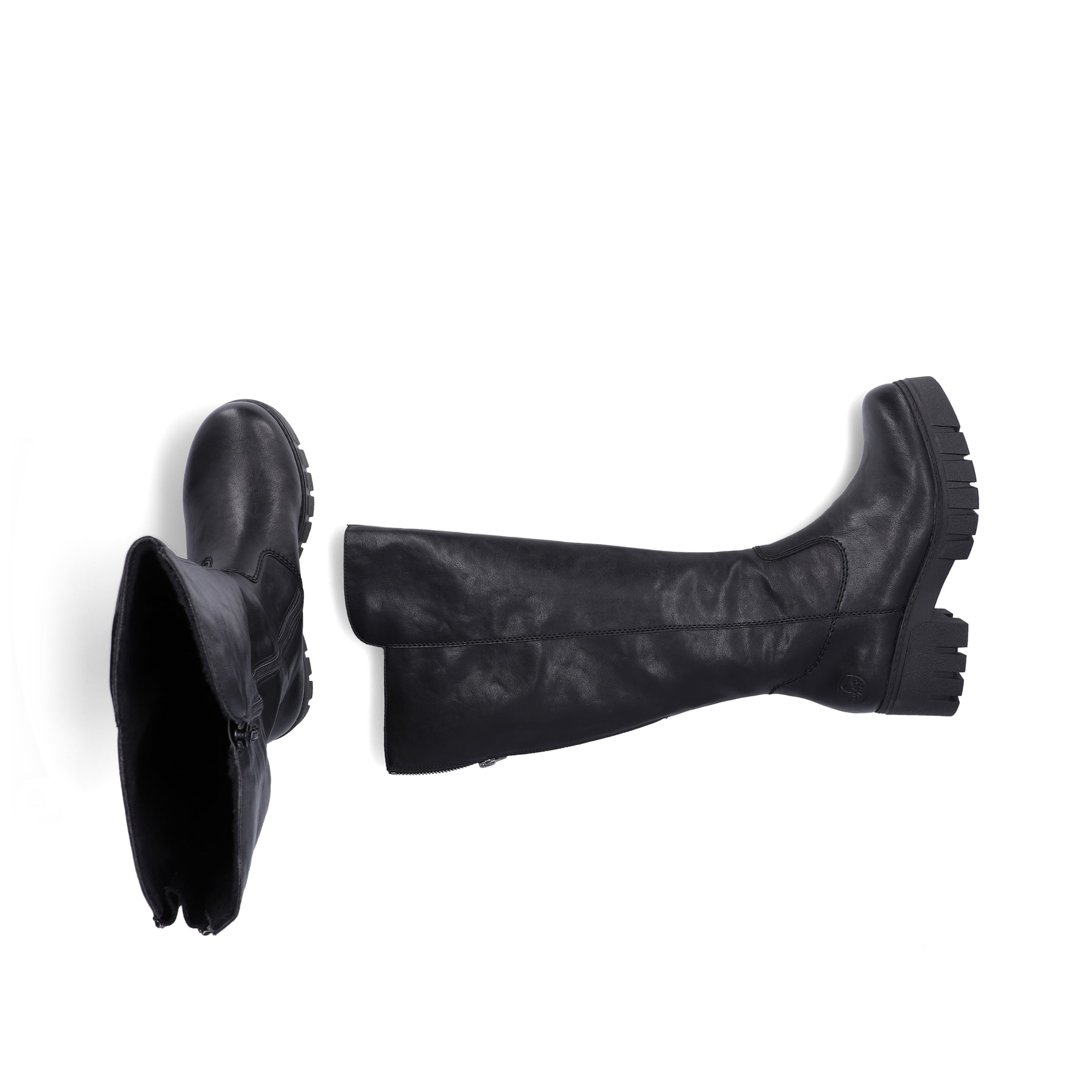 Schwarze Rieker Damen Hochschaftstiefel 74597-00 mit einem Reißverschluss. Schuh von oben, liegend.