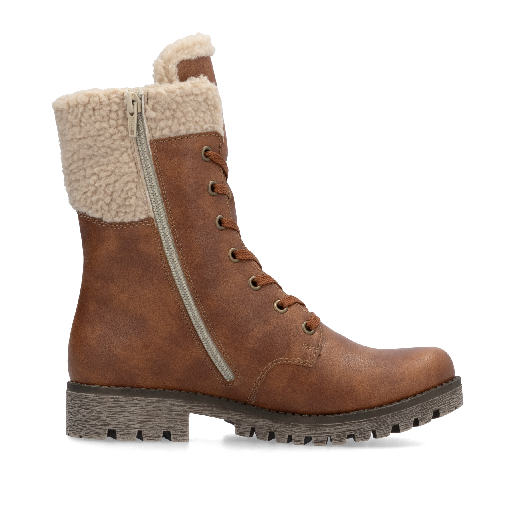 Beige Rieker Damen Biker Boots 78520-62 mit Schnürung und Reißverschluss. Schuh Innenseite