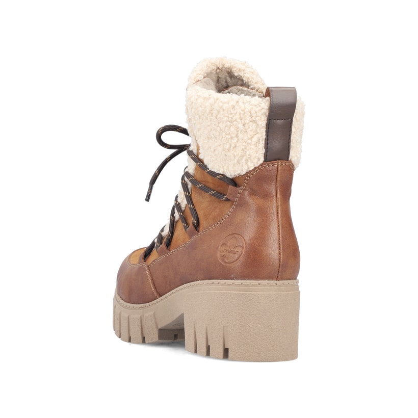 Vegane, braun-beige Rieker Damen Kurzstiefel 74574-24 mit einem Reißverschluss. Schuh von hinten.