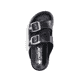 Schwarze Rieker Damen Pantoletten P2180-00 mit Schnallen sowie flexibler Sohle. Schuh von oben.