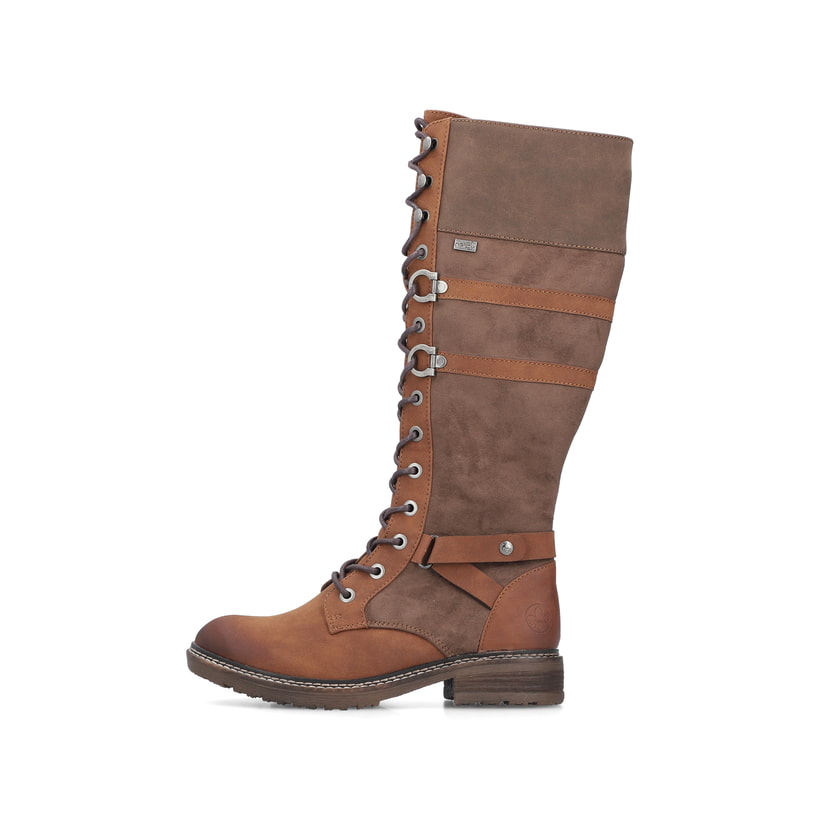 Braune Rieker Damen Hochschaftstiefel 94732-25 mit wasserabweisender TEX-Membran. Schuh Außenseite.