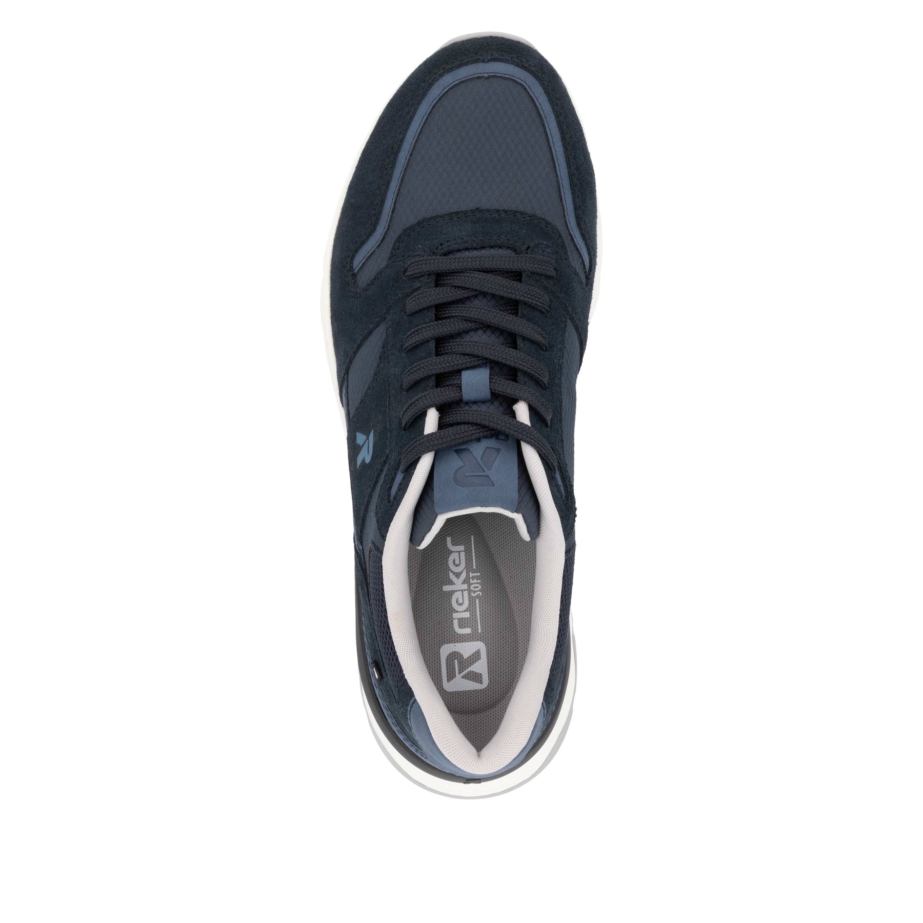 Blaue Rieker Herren Sneaker Low U0905-14 mit Schnürung sowie flexibler Sohle. Schuh von oben.