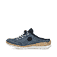 Blaue Rieker Damen Clogs N4210-14 mit einem Gummizug. Schuh Außenseite.
