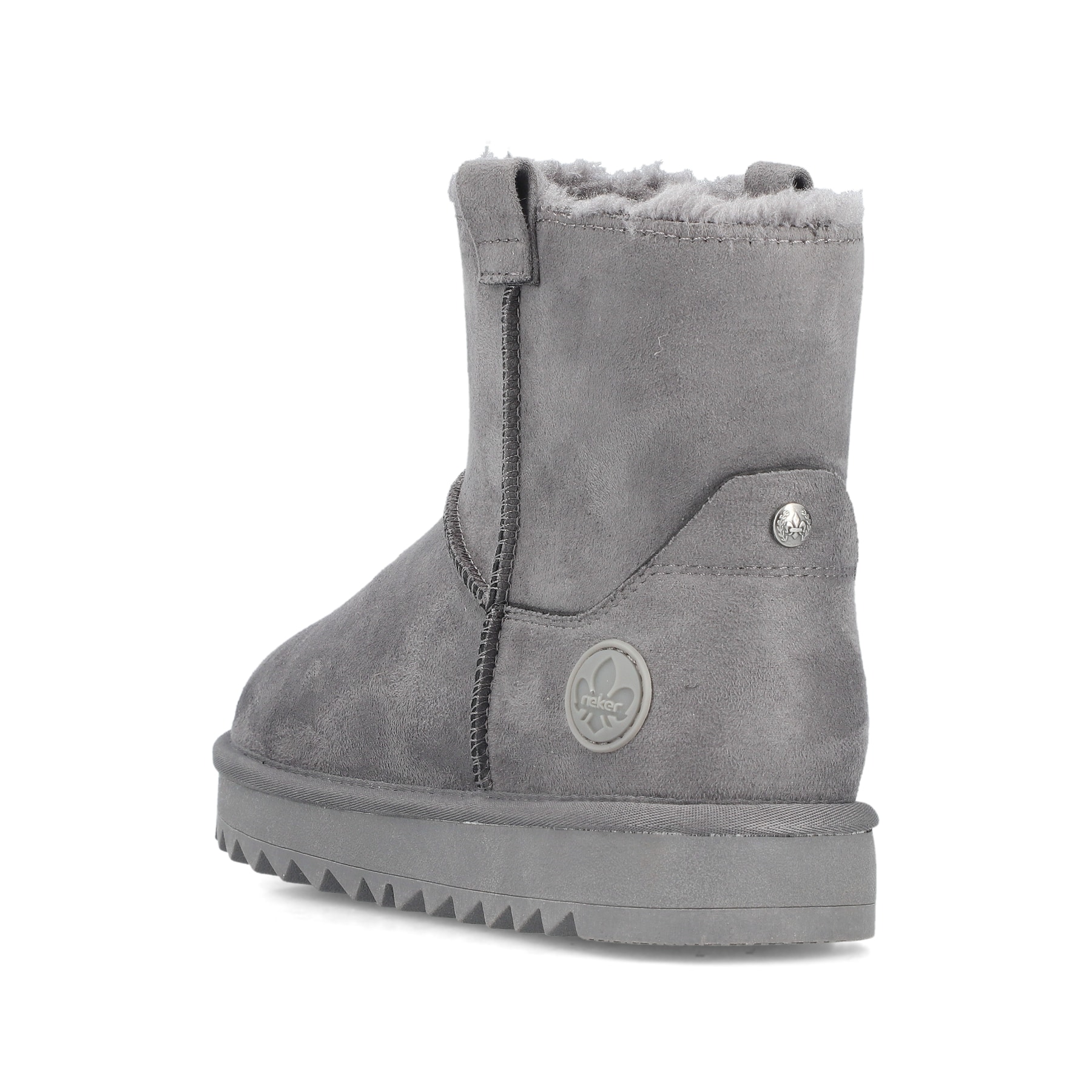 Graue Rieker Damen Kurzstiefel 99870-45 mit Fellschaftrand sowie Komfortweite G. Schuh von hinten.