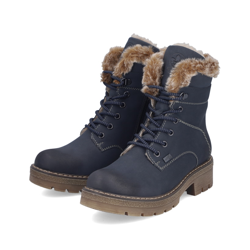 Blaue Rieker Damen Schnürstiefel Y8140-14 mit wasserabweisender TEX-Membran. Schuhpaar seitlich schräg.