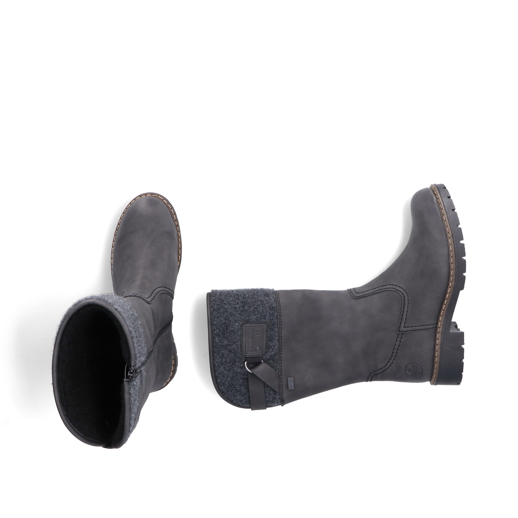 Graue Rieker Damen Hochschaftstiefel Y9190-45 mit wasserabweisender TEX-Membran. Schuh von oben, liegend.