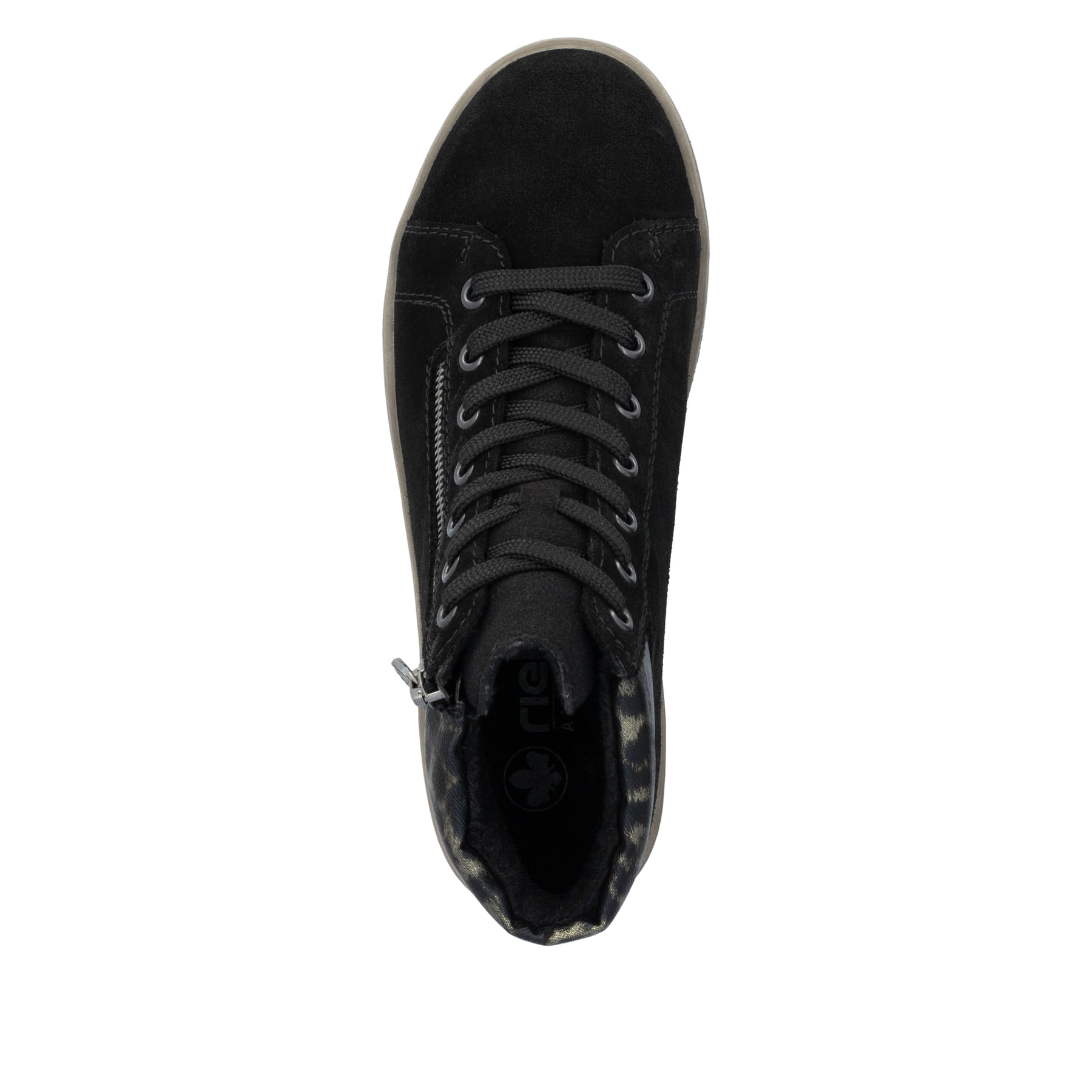 Schwarze Rieker Damen Sneaker High X0709-00 aus Rauleder mit Leo-Print. Schuh von oben.